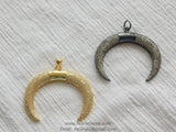 CZ Double Horn Pendant, Crescent Moon Charms #719, Gold Pave Cubic Zirconia
