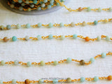 Natural Light Amazonite Rosary Chain, 4 mm Gold Wire Wrapped Chain CH # 354, By The Foot