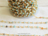 Natural Light Amazonite Rosary Chain, 4 mm Gold Wire Wrapped Chain CH # 354, By The Foot