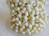 6 mm Matte White Turquoise Chain, Beige Magnesite Chain CH #369, Gold Wire Wrapped Chains