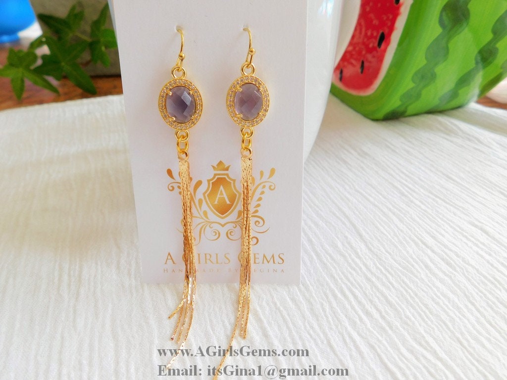 CZ Amethyst Gold Tassel Dangle Earrings CZ March Birthstone Teardrop Earrings Gold Plated Tassel Earrings