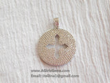 CZ Micro Pave Cross Pendant, Round Disc Religious Charms, Gold