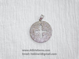 CZ Micro Pave Cross Pendant, Round Disc Cubic Zirconia Charms, Gold