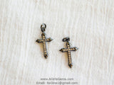 Gunmetal Black CZ Cross Charm, Small Paved Silver Cubic Zirconia Cross Pendants #191, 21 mm Dainty Rose Gold Cross