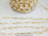 Moonstone Beaded Chains, 22 K Gold plated Rectangle Beads Wire Wrapped Gemstone Chains 10 x 12 mm for Bracelets CH #508