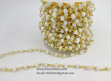 White Chalcedony Rosary Chain, 6 mm Gold Wire Wrapped Chains CH #313, By The Foot