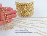 White Chalcedony Rosary Chain, 4 mm Gold Wire Wrapped Chains CH #311, Beaded Rosary