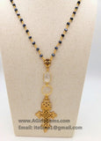 Brass Gold Coptic Cross Necklace, Long Black Beaded Chain Fashion Necklace, Ethiopian Cross Necklace