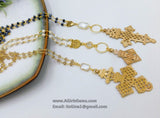 Brass Gold Coptic Cross Necklace, Long Black Rosary Beaded Chain Fashion Necklace, Ethiopian Cross Necklace