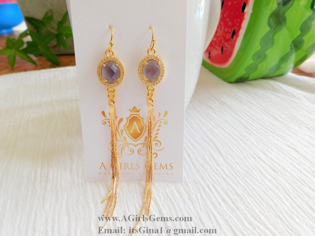 CZ Amethyst Gold Tassel Dangle Earrings CZ March Birthstone Teardrop Earrings Gold Plated Tassel Earrings