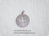 CZ Micro Pave Cross Pendant, Round Disc Cubic Zirconia Charms, Gold