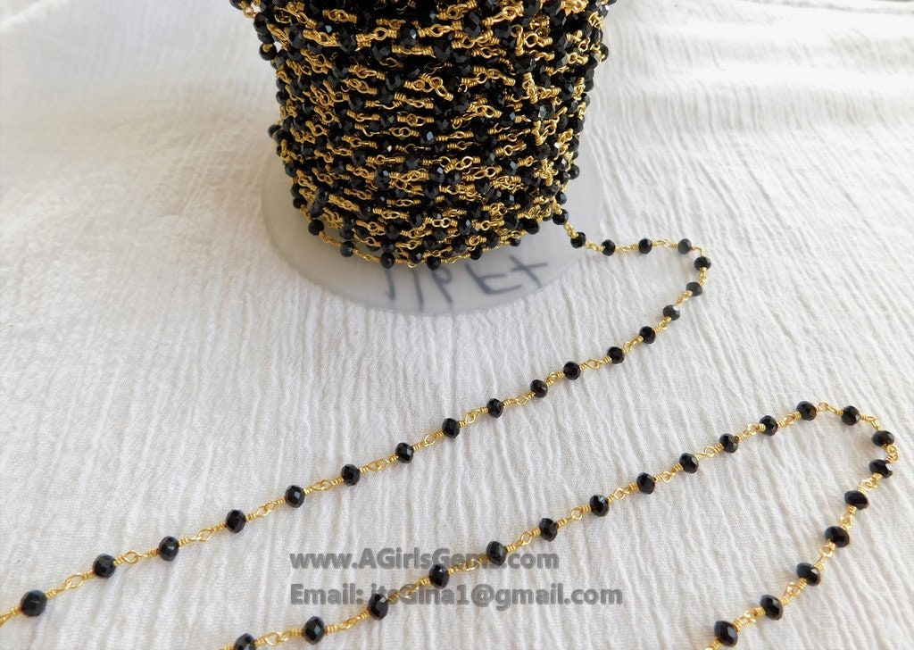 22 k Gold Black Rosary Chain, 4mm Beaded Rosary Chain CH #343, Wire Wrapped Rondelle Beads