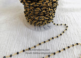 Black Rosary Chain, 4 mm Beaded Rosary Chain CH #343, Rondelle Gold Wire Wrapped