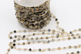 Faceted Natural White Agate Chain, 6 mm Black White Rosary CH #368, Beaded Gold Wire Wrapped Chains