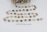 Faceted Natural White Agate Chain, 6 mm Black White Rosary CH #368, Beaded Gold Wire Wrapped Chains