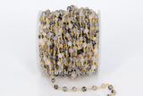 Faceted Natural White Agate Chain, 6 mm Black White Rosary CH #368, Beaded Gold Wire Wrapped Chains