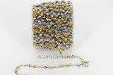 Clear Crystal Rosary Chain, 6 mm Gold Beaded Black Wire Wrapped Chain CH #328, Multi Color Silver Bead Rosary Chain