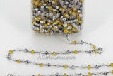 Clear Crystal Chain, 6 mm Gold Beaded Black Wire Wrapped Chain CH #328, Multi Color Silver Bead Rosary Chain
