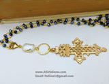 Brass Gold Coptic Cross Necklace, Long Black Rosary Beaded Chain Fashion Necklace, Ethiopian Cross Necklace