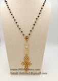 Brass Gold Coptic Cross Necklace, Long Black Beaded Chain Fashion Necklace, Ethiopian Cross Necklace