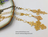 Brass Gold Coptic Cross Necklace, Long Black Beaded Chain Fashion Necklace, Ethiopian Cross Necklace