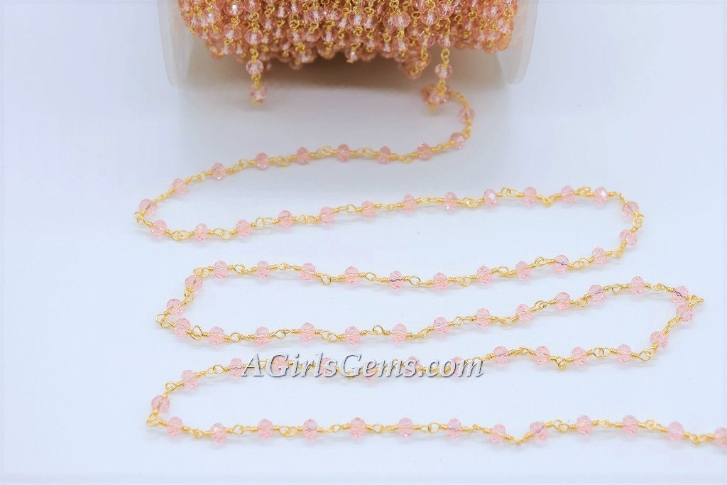 Round Pink Chain Pink Crystal Chain, 4 mm Gold Wire Wrapped CH #331, Rondelle Beaded Re ...
