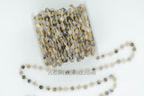 Faceted Natural White Agate Chain, 6 mm Black White Rosary CH #368, Beaded Gold Wire Wrapped Chains