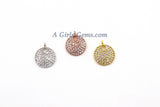 Round Disc Pendant, CZ Micro Pave Charms 13 x 15 mm 18 K Rose, Gold