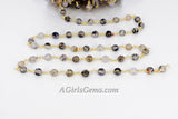 Faceted Natural White Agate Chain, 6 mm Black White Rosary CH #368, Beaded Gold Wire Wrapped Chains