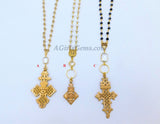 Brass Gold Coptic Cross Necklace, Long Black Beaded Chain Fashion Necklace, Ethiopian Cross Necklace