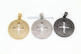 CZ Micro Pave Cross Pendant, Round Disc Religious Charms, Gold
