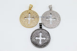 CZ Micro Pave Cross Pendant, Round Disc Religious Charms, Gold