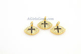 CZ Micro Pave Cross Charm, Sapphire Blue 18 K Gold Plated Oval Football #61, Bracelets/Rosary Chain Necklaces