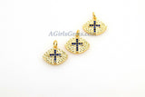 CZ Micro Pave Cross Charm, Sapphire Blue 18 K Gold Plated Oval Football #61, Bracelets/Rosary Chain Necklaces