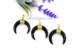 Crescent Moon Charms/Obsidian Double Horn Black, #963, Medium Pendant/35 mm Gold Wire Horn Boho Pendant DIY Jewelry