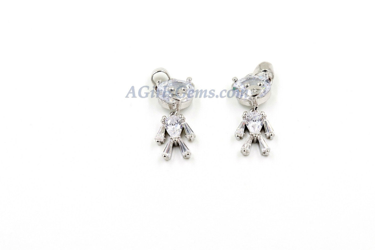 Teddy Bear Charm Pendants, 2 Pcs CZ Micro Pave Silver Rhodium Plated Crystal Bears Charms, Movable Dangle Animal Pendants, Christmas Bears