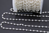 White Rosary Chain, Silver Plated White Chalcedony AB Mystic CH #432, 4 mm Wire Wrapped
