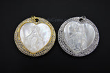 CZ Jesus Charms, Gold White Shell Mary Round Pendant #6, Silver Heart Mother of Pearl Shell Rosary Necklace Charm