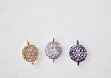 CZ Micro Pave Round Disc Pendant, 18 k Gold 10 mm Connectors Circle, Silver Clear Cubic Zirconia Earring Components