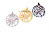 Pink Enamel Flower Pendant, CZ Micro Pave Round Disc MultiColor Pink/Black/Silver/Gold Large Charm Pendants - 46 x 50 mm Marijuana Starburst