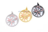 Pink Enamel Flower Pendant, CZ Micro Pave Round Disc MultiColor Pink/Black/Silver/Gold Large Charm Pendants - 46 x 50 mm Marijuana Starburst AG 3645