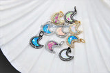 Crescent Moon Charm, CZ Pave Opal Moon 18 k Gold/Silver/Black Rhodium Plated Cubic Zirconia, White/Pink/Blue Lunar Moon Shell Opal Necklace