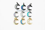 Crescent Moon Charm, CZ Pave Opal Moon with Cubic Zirconia, Gold Lunar Moon