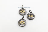 Evil Eye Charm, *NEW* Black and Gold CZ Micro Pave Small Round Disc Charm, 13 x 16 mm Mini Evil Eye for Bracelet Charms