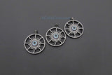 Star Charm Pendants, CZ Black Blue Turquoise Round Evil Eye Pendants, Pave Starburst