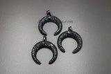 Crescent Double Horn Pendant, Black Pave CZ Micro Pave Crescent Moon Charm, Rose