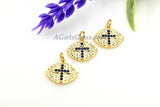 CZ Micro Pave Cross Charm, Sapphire Blue 18 K Gold Plated Oval Football #61, Bracelets/Rosary Chain Necklaces