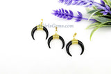 Crescent Moon Charms/Obsidian Double Horn Black, #963, Medium Pendant/35 mm Gold Wire Horn Boho Pendant DIY Jewelry