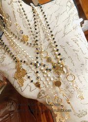 Brass Coptic Cross Necklace, White Turquoise Long Necklace, St. Benedict Religious Necklace