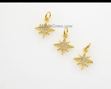 Star Charm Pendants, 2 Pcs CZ Micro Pave Mini CZ Charms, 12 x 14 mm Crystal Starburst 18 K Rose Gold